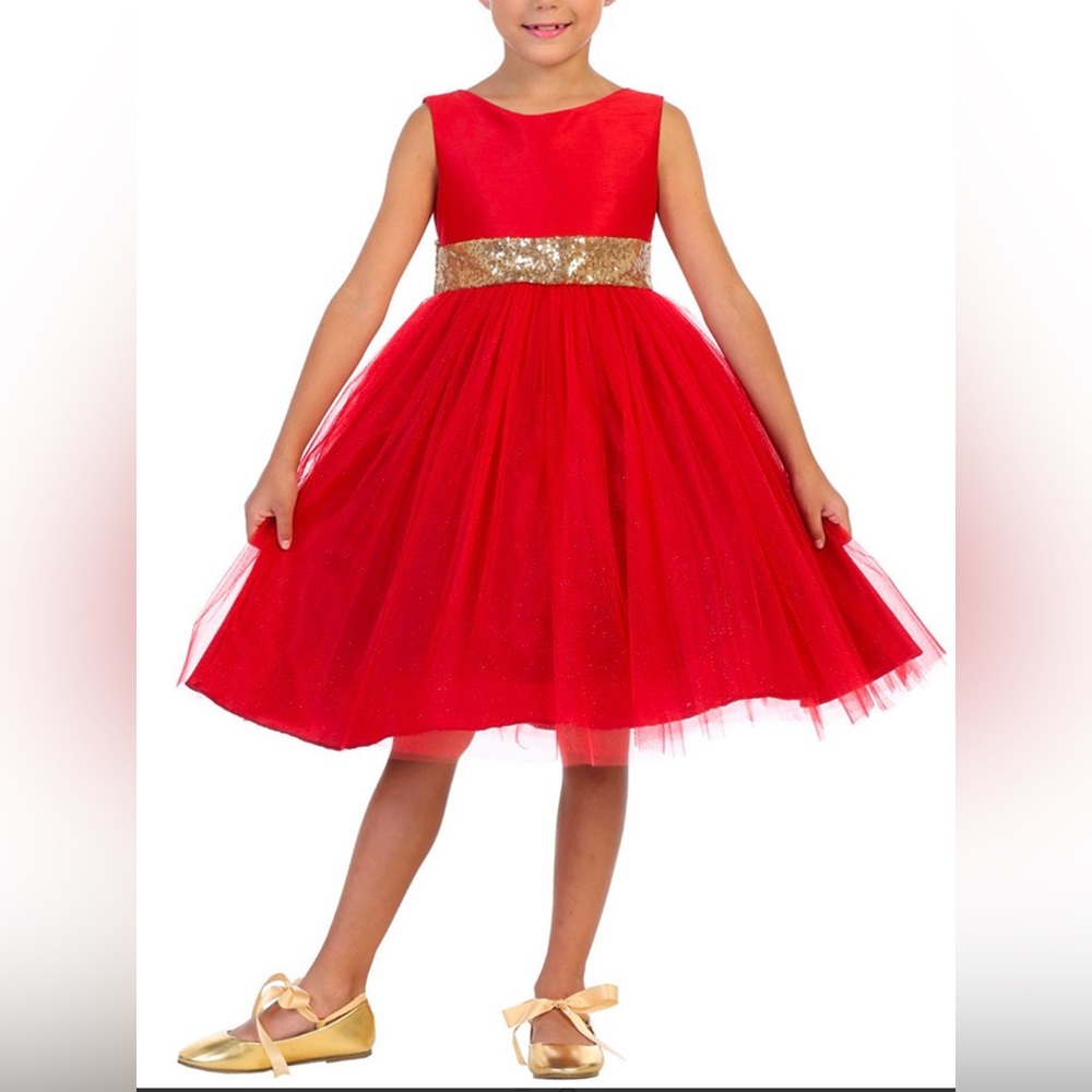 Girls Tulle Dress w/ Gold Sequins V-Back &Bow